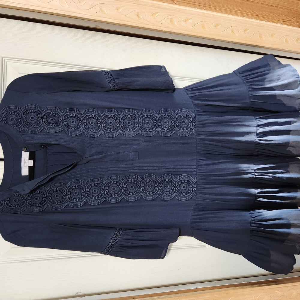 LOFT Blue 3/4 Sleeve Pleated Ruffled Dress - Picture 2 of 8